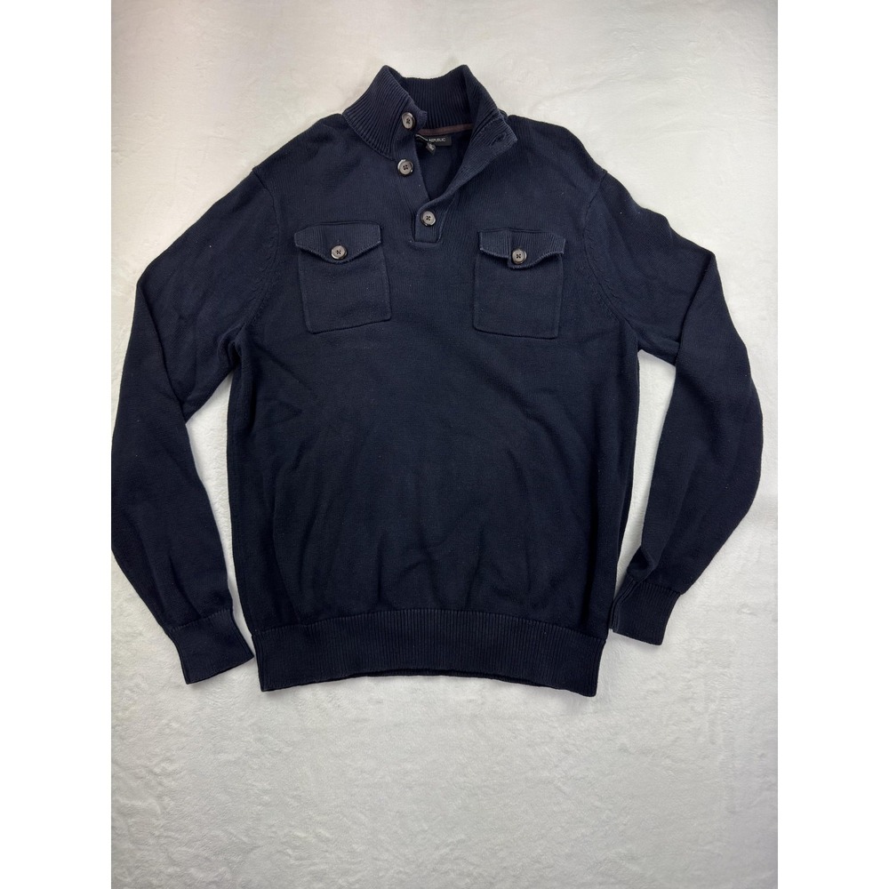 Banana Republic Sweater Mens Large Blue Mock Neck Henley Pullover Pockets